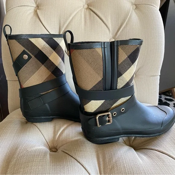 Burberry Exploded Check Pattern Rubber Rain Boots, Sz 38 - Picture 1 of 13